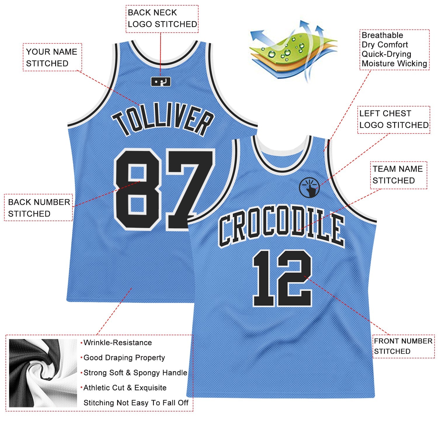 Custom Light Blue Black-White Authentic Throwback Basketball Jersey view 2