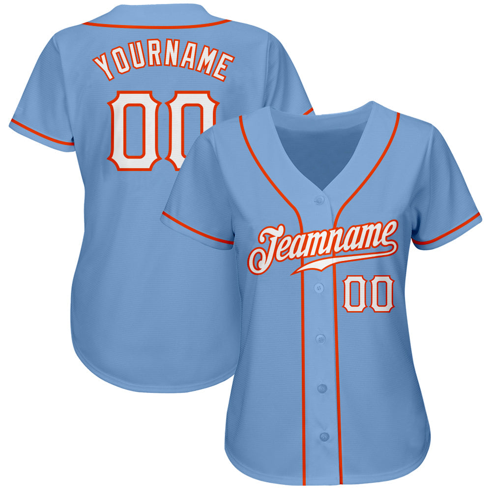 Custom Light Blue White-Orange Authentic Baseball Jersey view 2