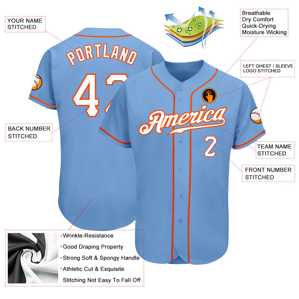 Custom Light Blue White-Orange Authentic Baseball Jersey view 3