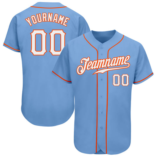 Custom Light Blue White-Orange Authentic Baseball Jersey - Main View