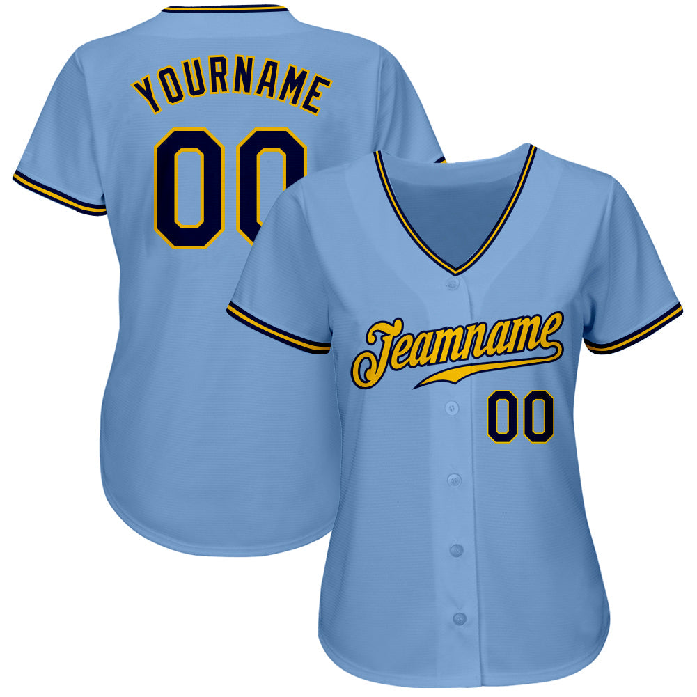 Custom Light Blue Navy-Gold Authentic Baseball Jersey view 2