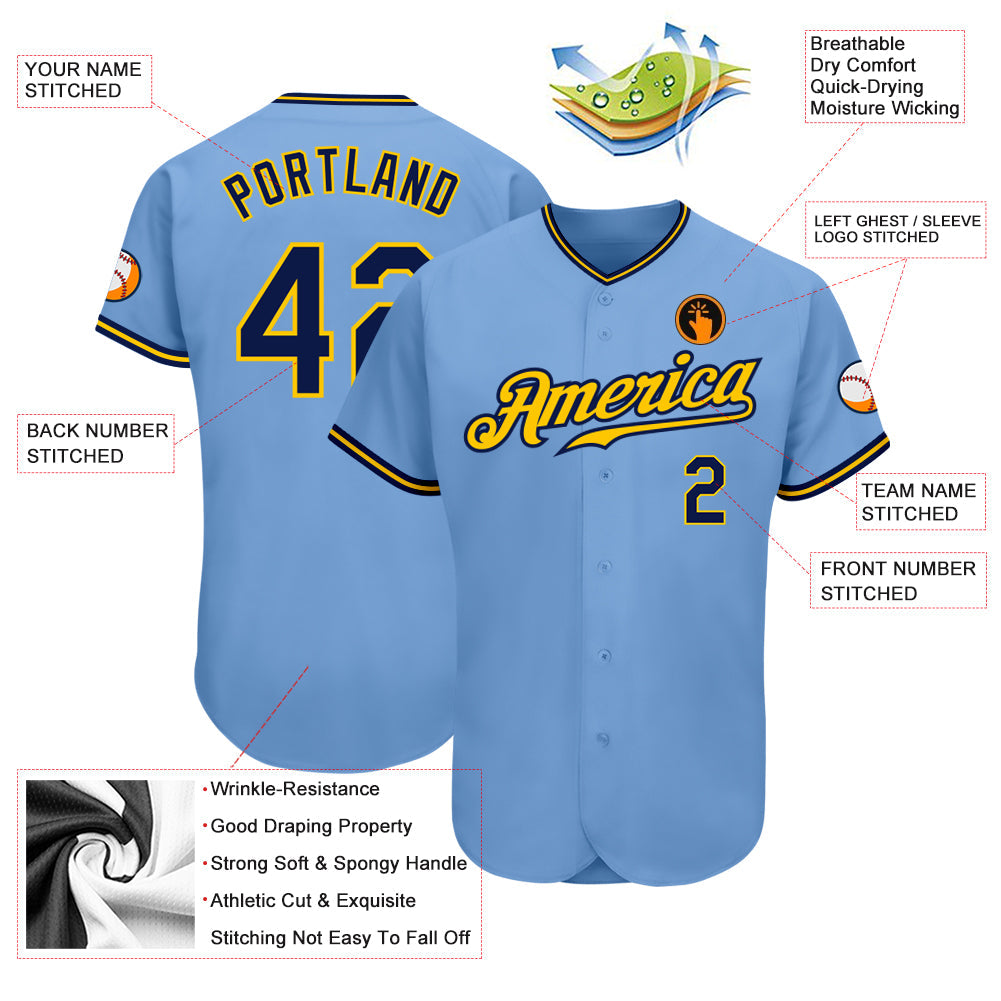 Custom Light Blue Navy-Gold Authentic Baseball Jersey view 3