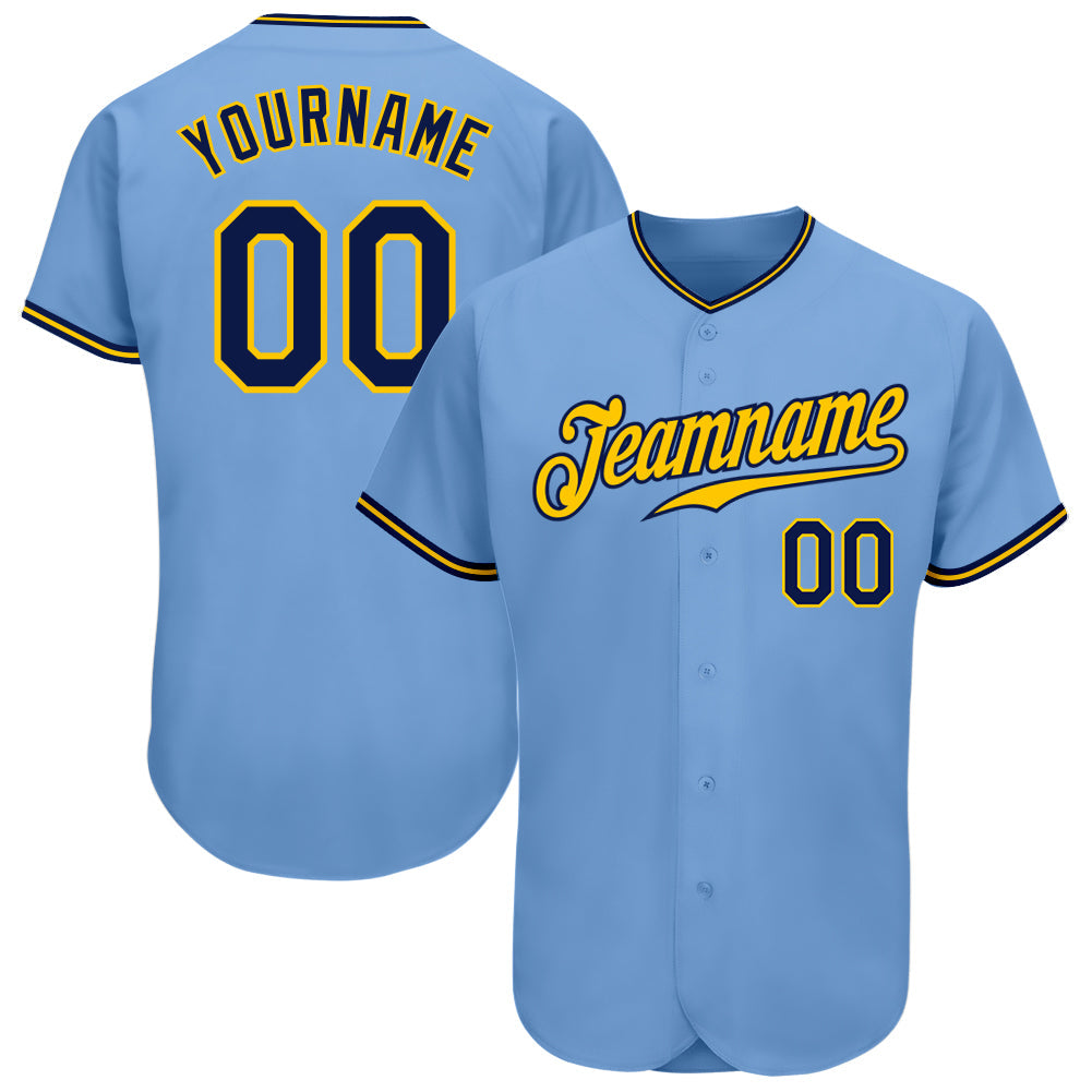 Custom Light Blue Navy-Gold Authentic Baseball Jersey - Main View