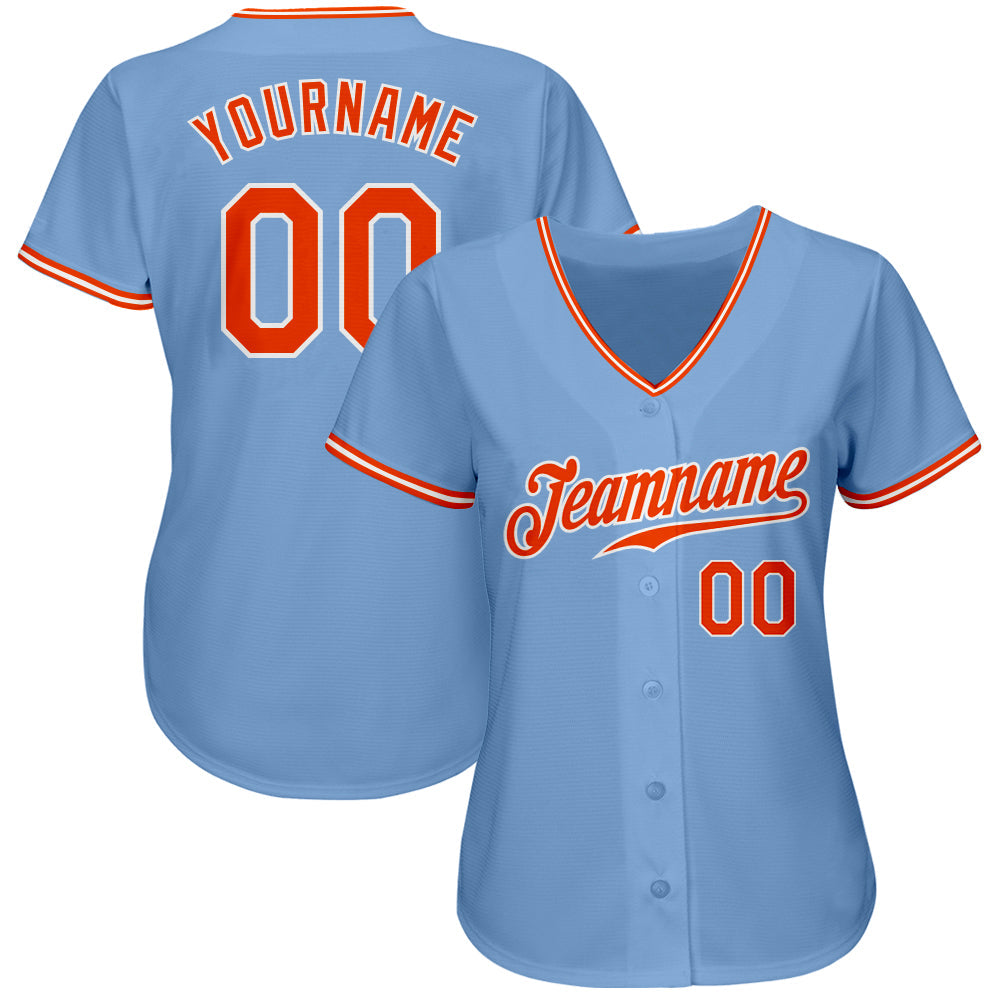 Custom Light Blue Orange-White Authentic Baseball Jersey view 2