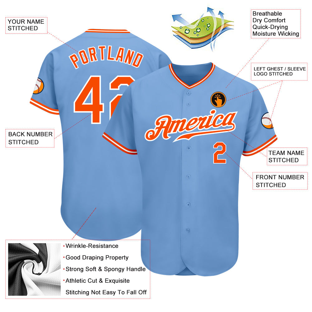 Custom Light Blue Orange-White Authentic Baseball Jersey view 3