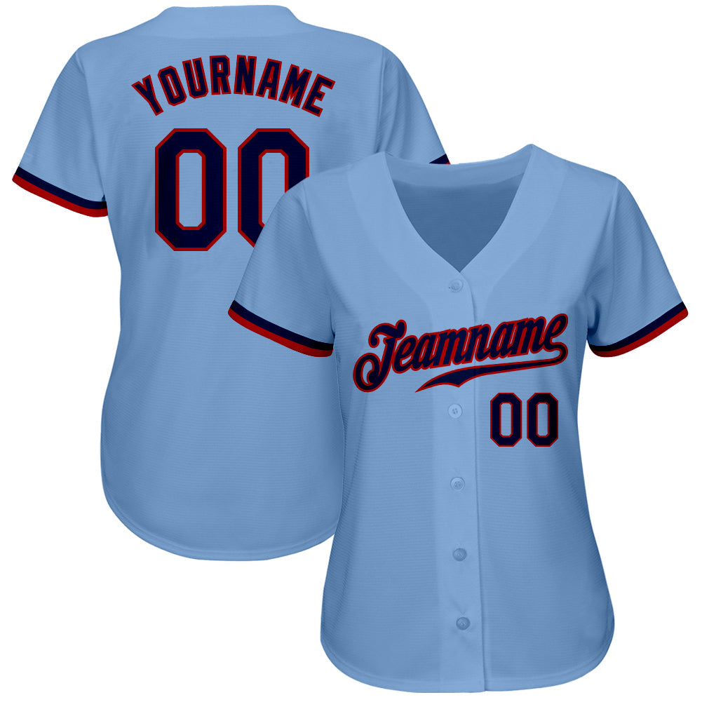 Custom Light Blue Navy-Red Authentic Baseball Jersey view 2