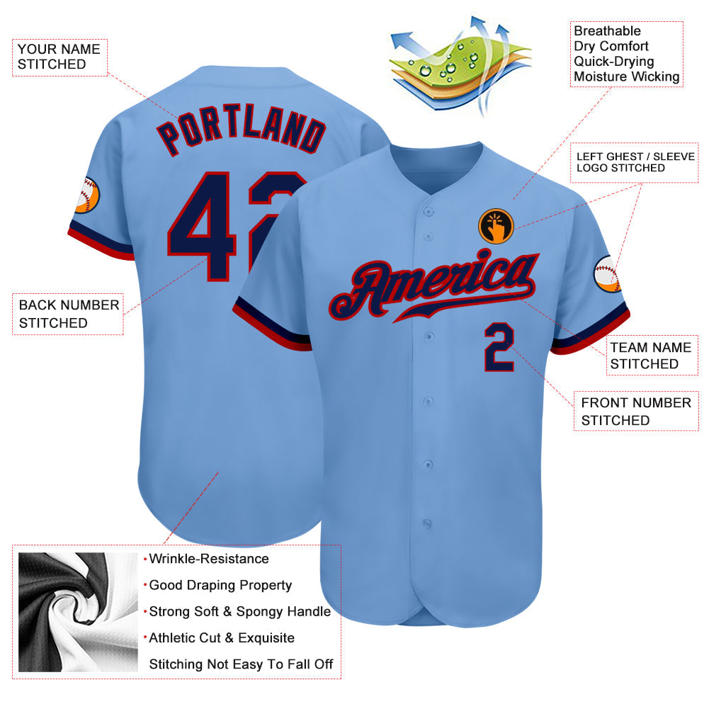 Custom Light Blue Navy-Red Authentic Baseball Jersey view 3