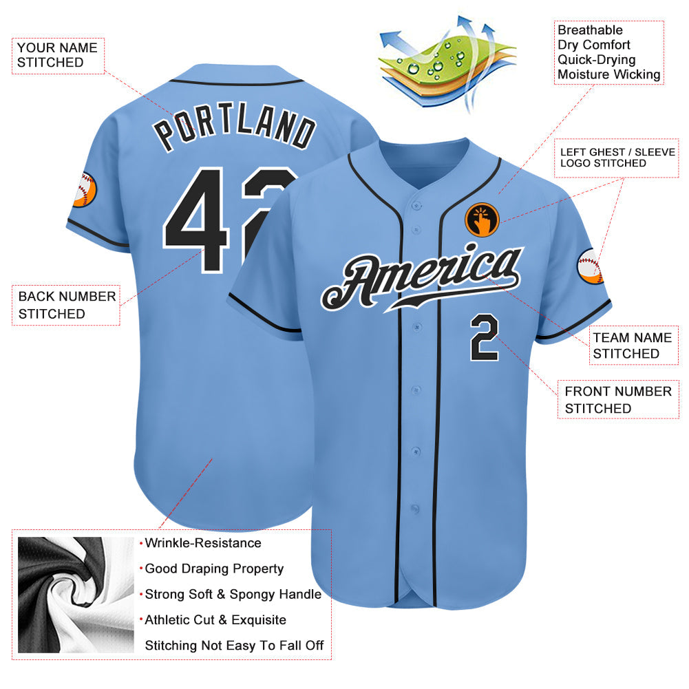 Custom Light Blue Black-White Authentic Baseball Jersey view 3
