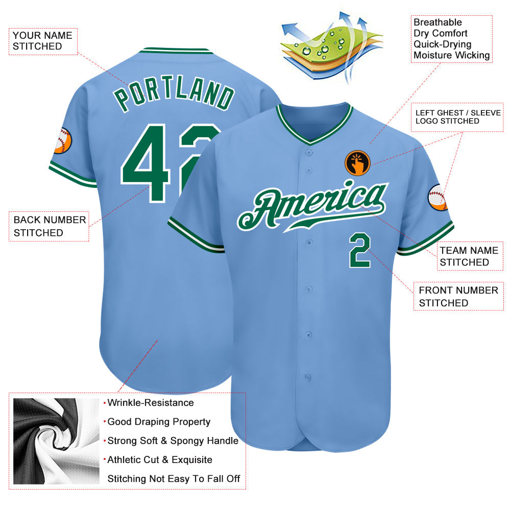 Custom Light Blue Kelly Green-White Authentic Baseball Jersey view 3