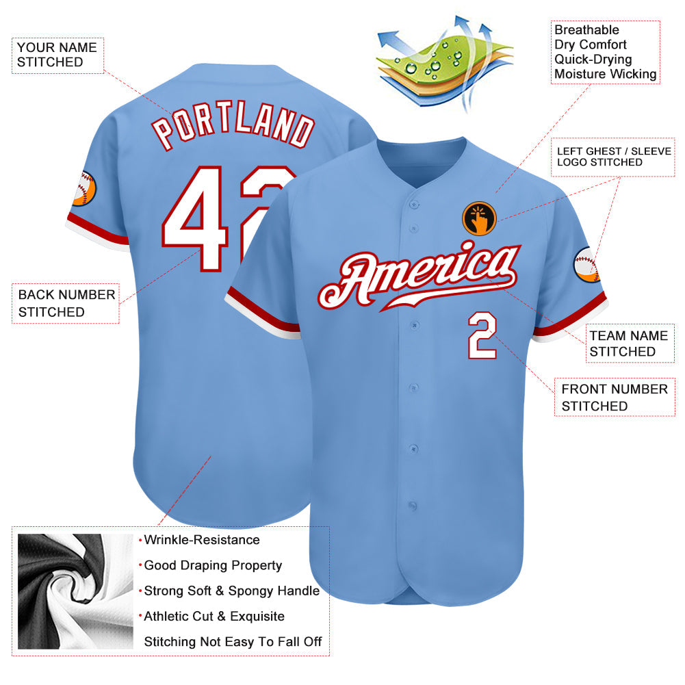 Custom Light Blue White-Red Authentic Baseball Jersey view 3