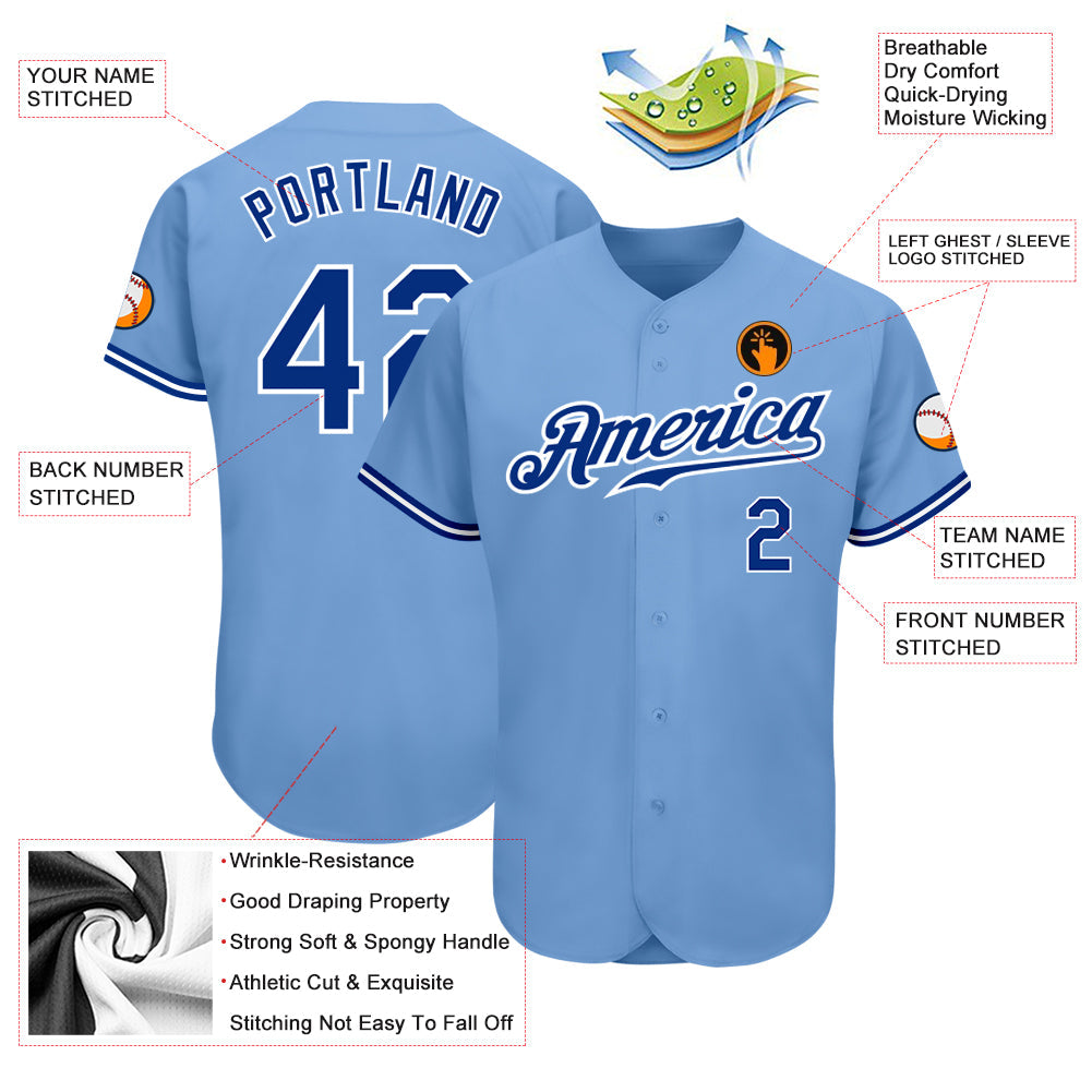 Custom Light Blue Royal-White Authentic Baseball Jersey view 3
