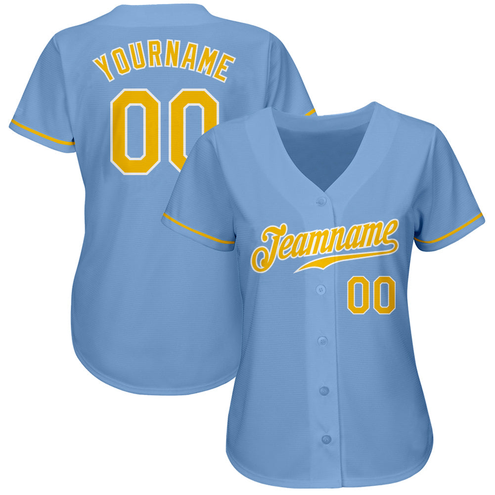 Custom Light Blue Gold-White Authentic Baseball Jersey view 2