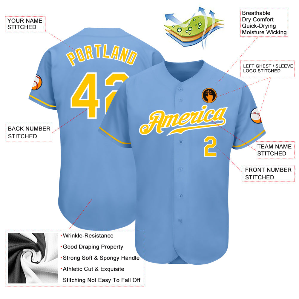 Custom Light Blue Gold-White Authentic Baseball Jersey view 3