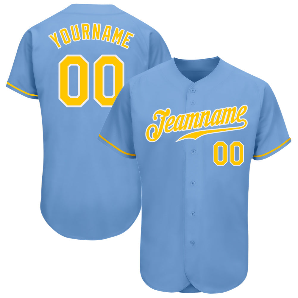 Custom Light Blue Gold-White Authentic Baseball Jersey - Main View