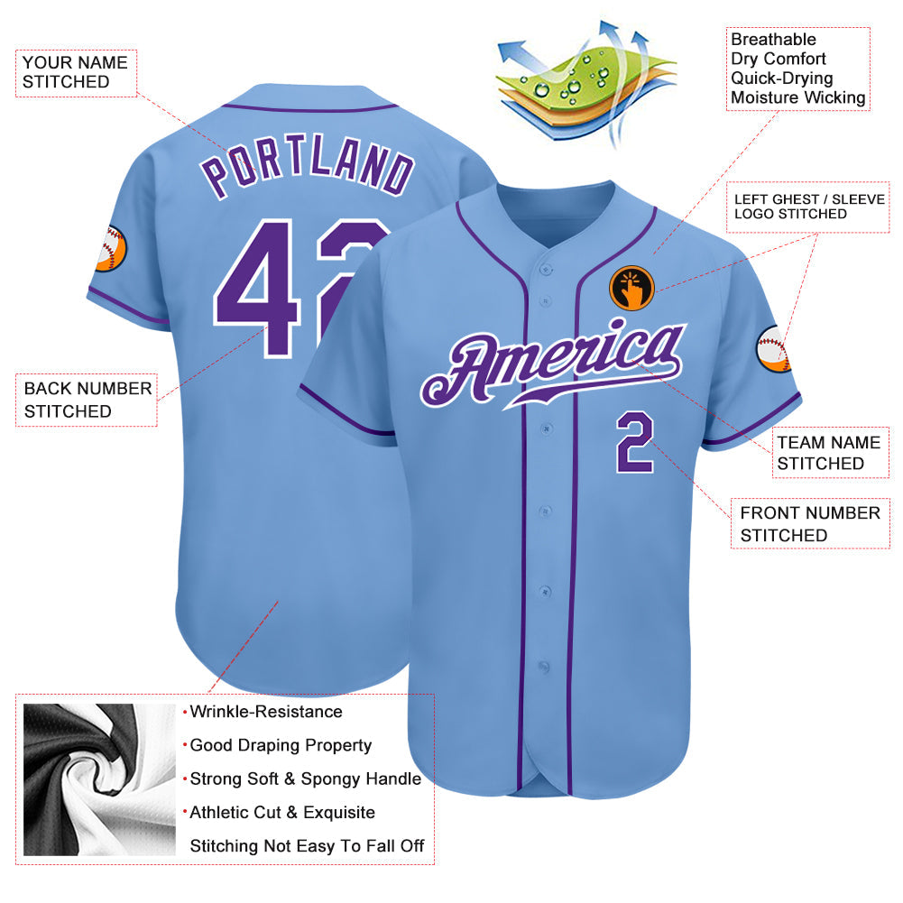 Custom Light Blue Purple-White Authentic Baseball Jersey view 3