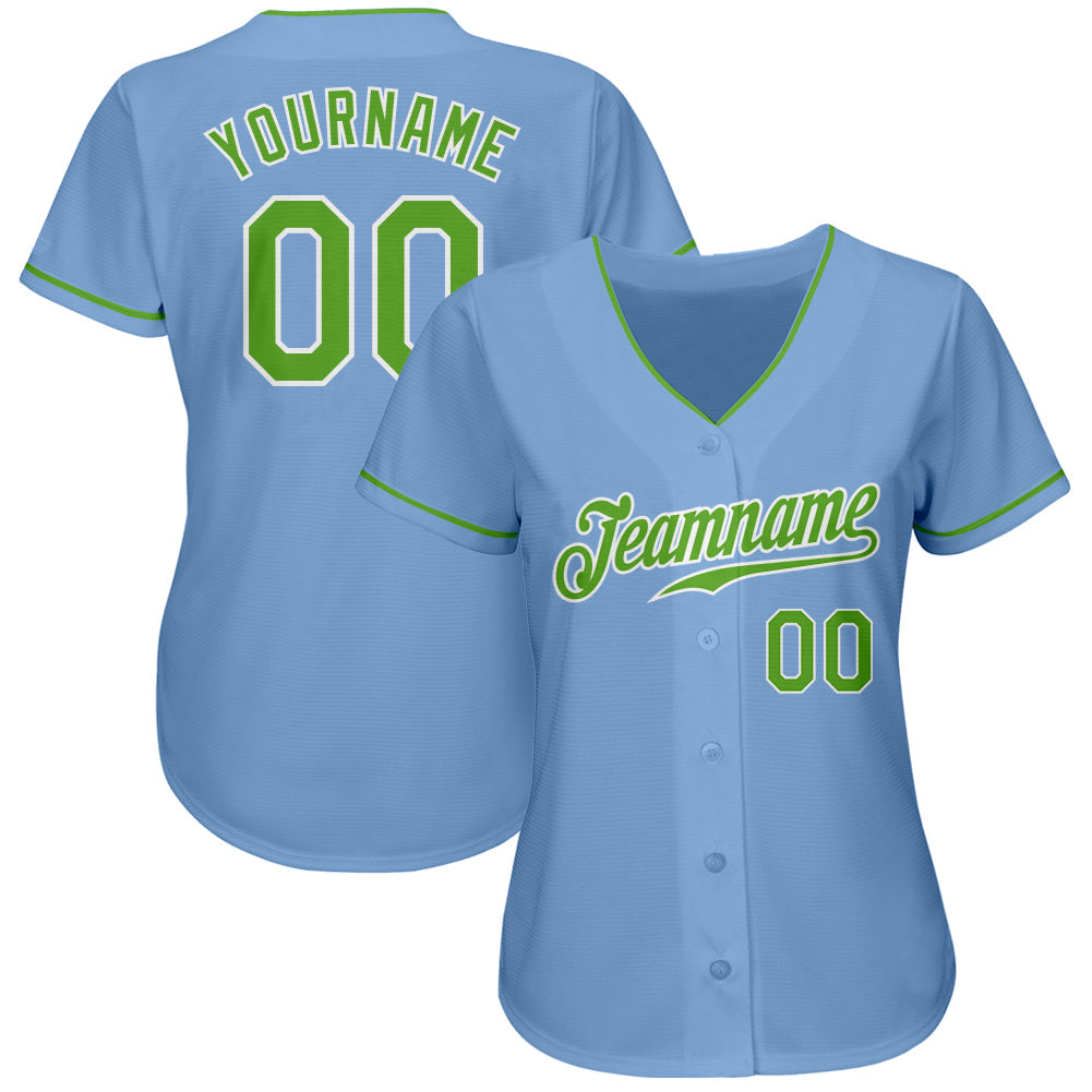 Custom Light Blue Neon Green-White Authentic Baseball Jersey view 2