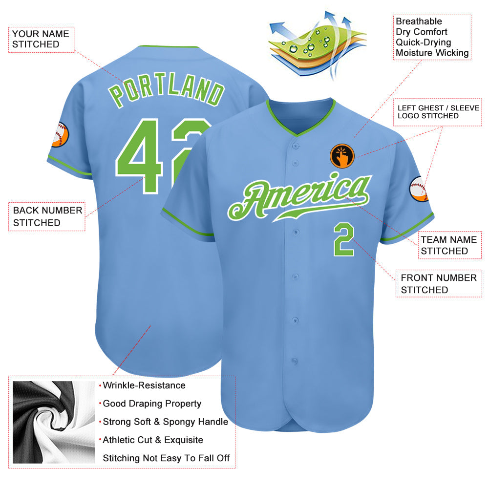 Custom Light Blue Neon Green-White Authentic Baseball Jersey view 3