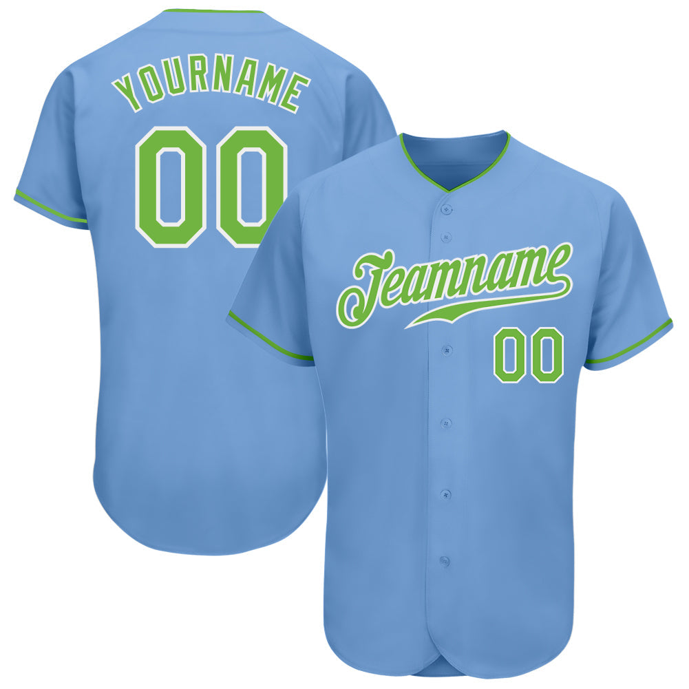 Custom Light Blue Neon Green-White Authentic Baseball Jersey - Main View