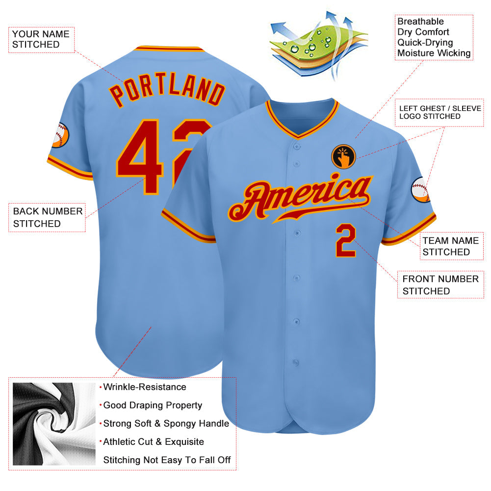 Custom Light Blue Red-Gold Authentic Baseball Jersey view 3