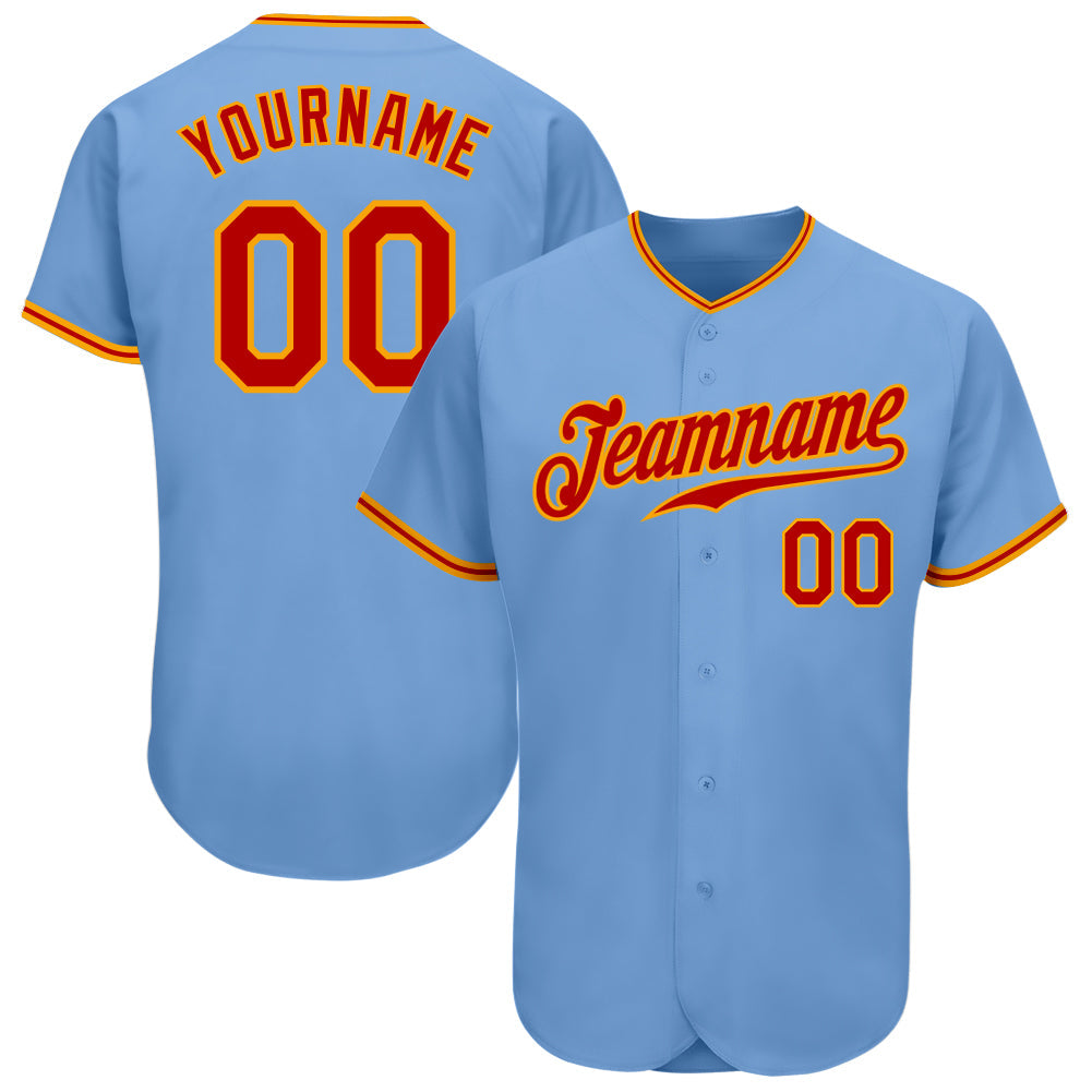Custom Light Blue Red-Gold Authentic Baseball Jersey - Main View
