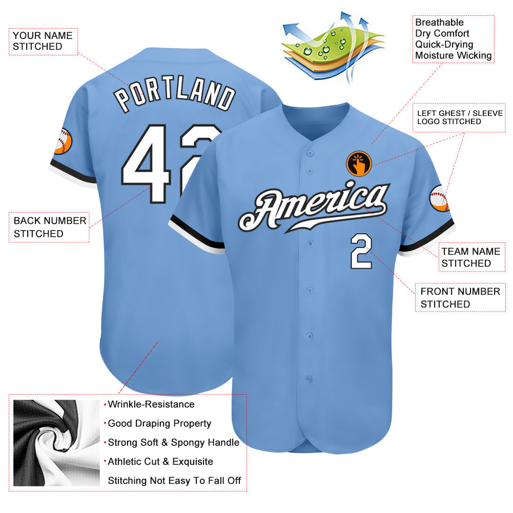 Custom Light Blue White-Black Authentic Baseball Jersey view 3