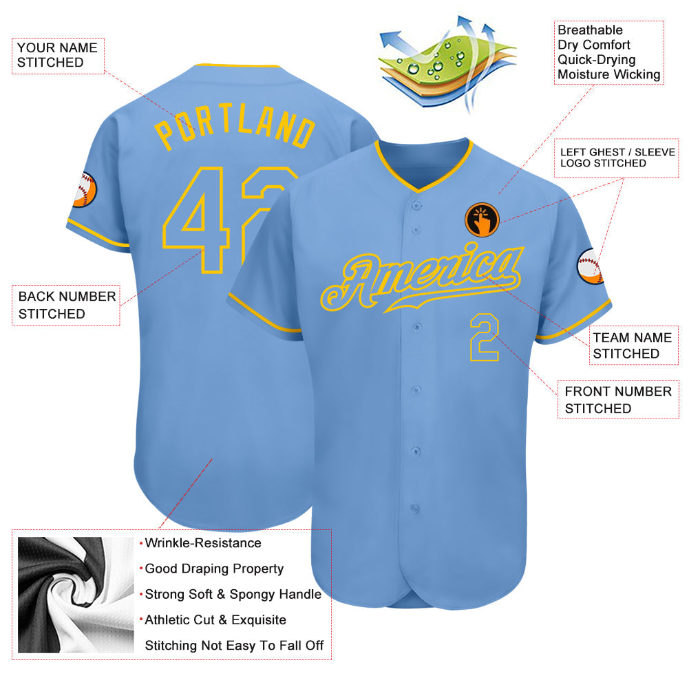 Custom Light Blue Light Blue-Gold Authentic Baseball Jersey view 3