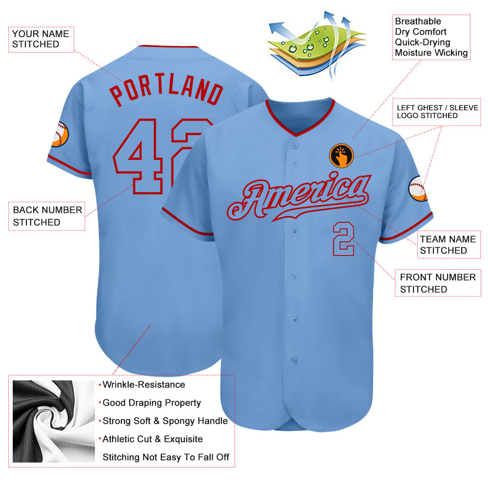 Custom Light Blue Light Blue-Red Authentic Baseball Jersey view 3