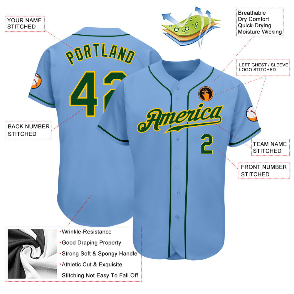 Custom Light Blue Green-Gold Authentic Baseball Jersey view 3