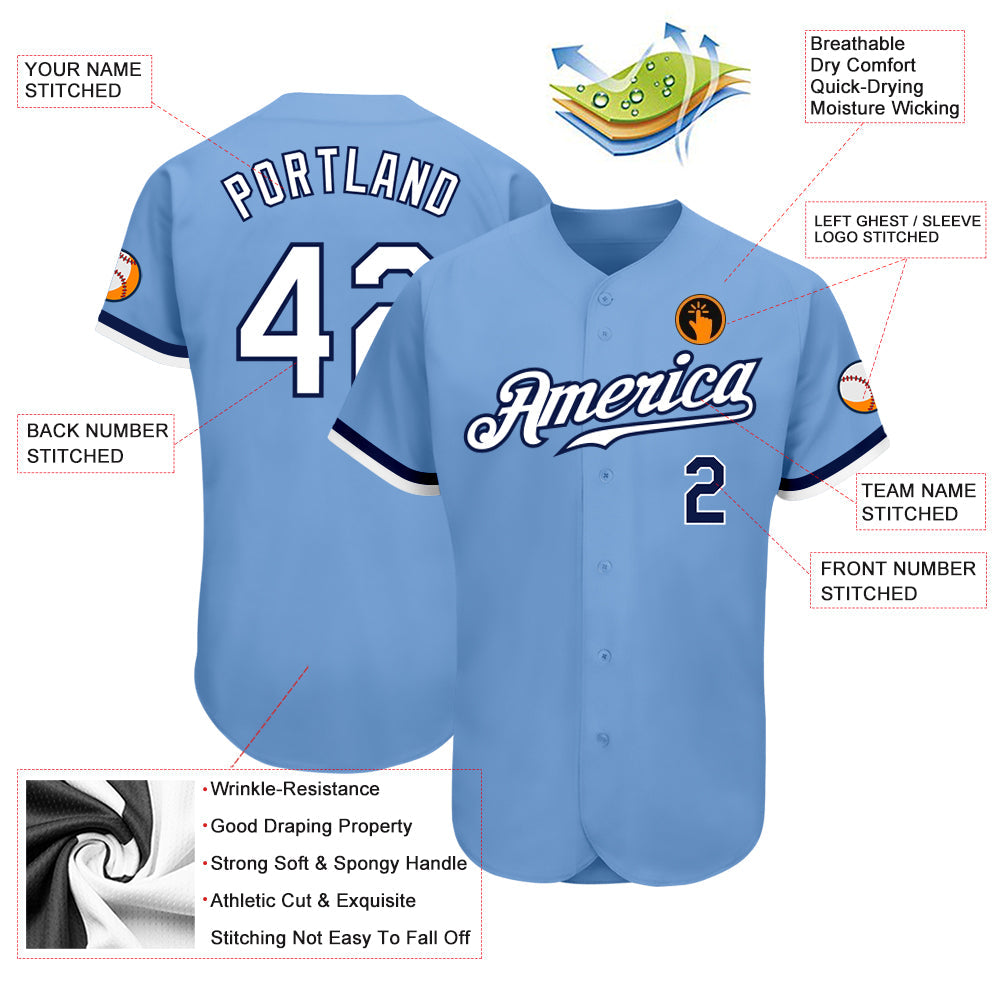 Custom Light Blue White-Navy Authentic Baseball Jersey view 3