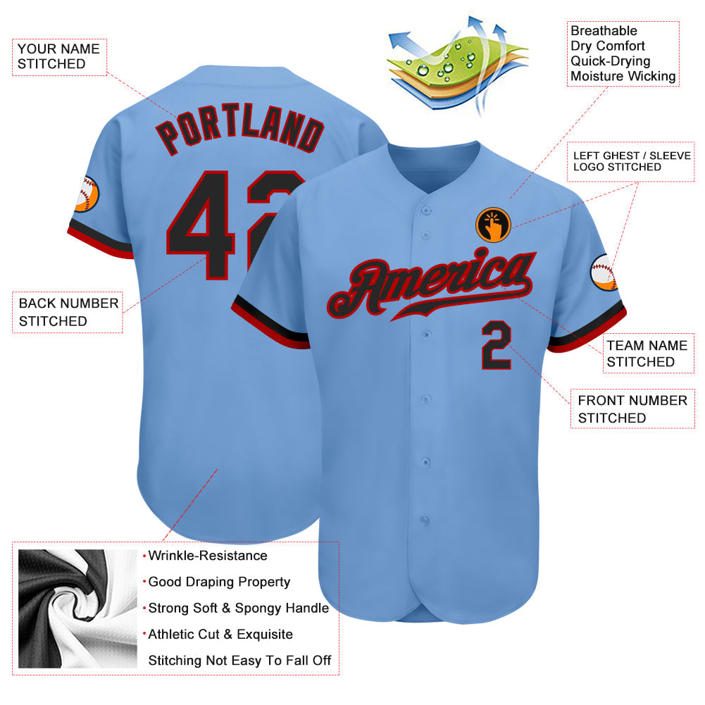 Custom Light Blue Black-Red Authentic Baseball Jersey view 3