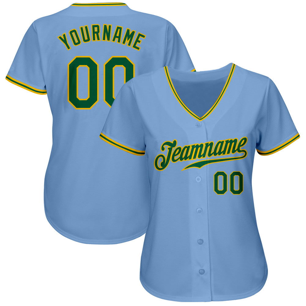 Custom Light Blue Kelly Green-Gold Authentic Baseball Jersey view 2