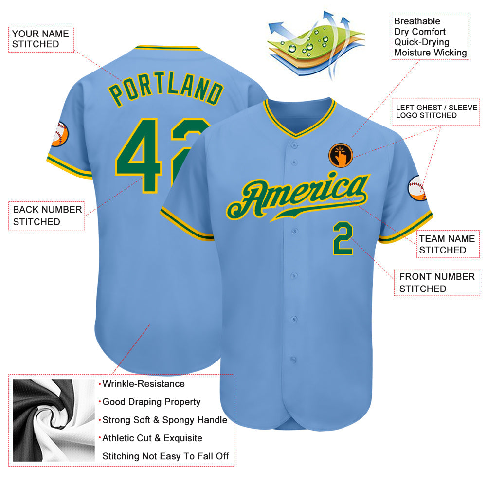 Custom Light Blue Kelly Green-Gold Authentic Baseball Jersey view 3
