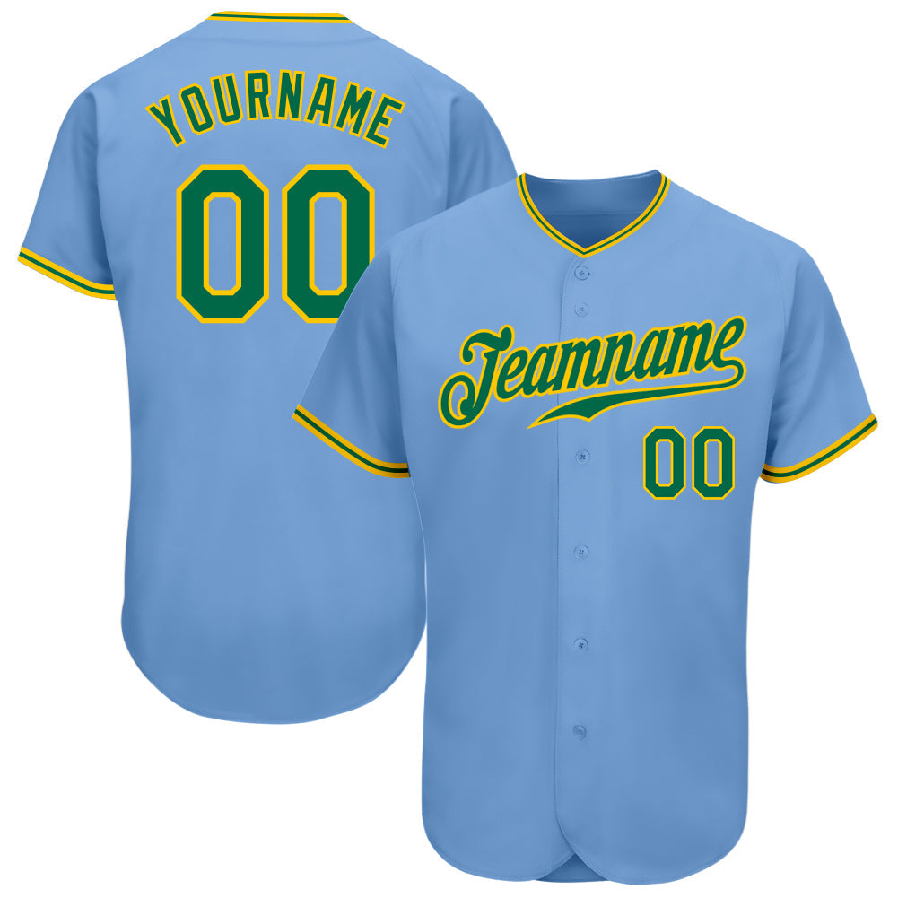 Custom Light Blue Kelly Green-Gold Authentic Baseball Jersey - Main View