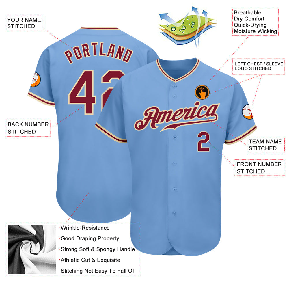 Custom Light Blue Crimson-City Cream Authentic Baseball Jersey view 3