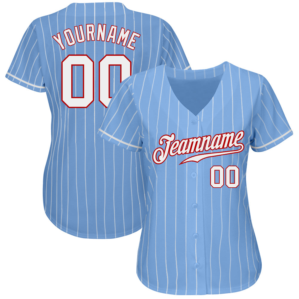Custom Light Blue White Pinstripe White-Red Authentic Baseball Jersey view 2
