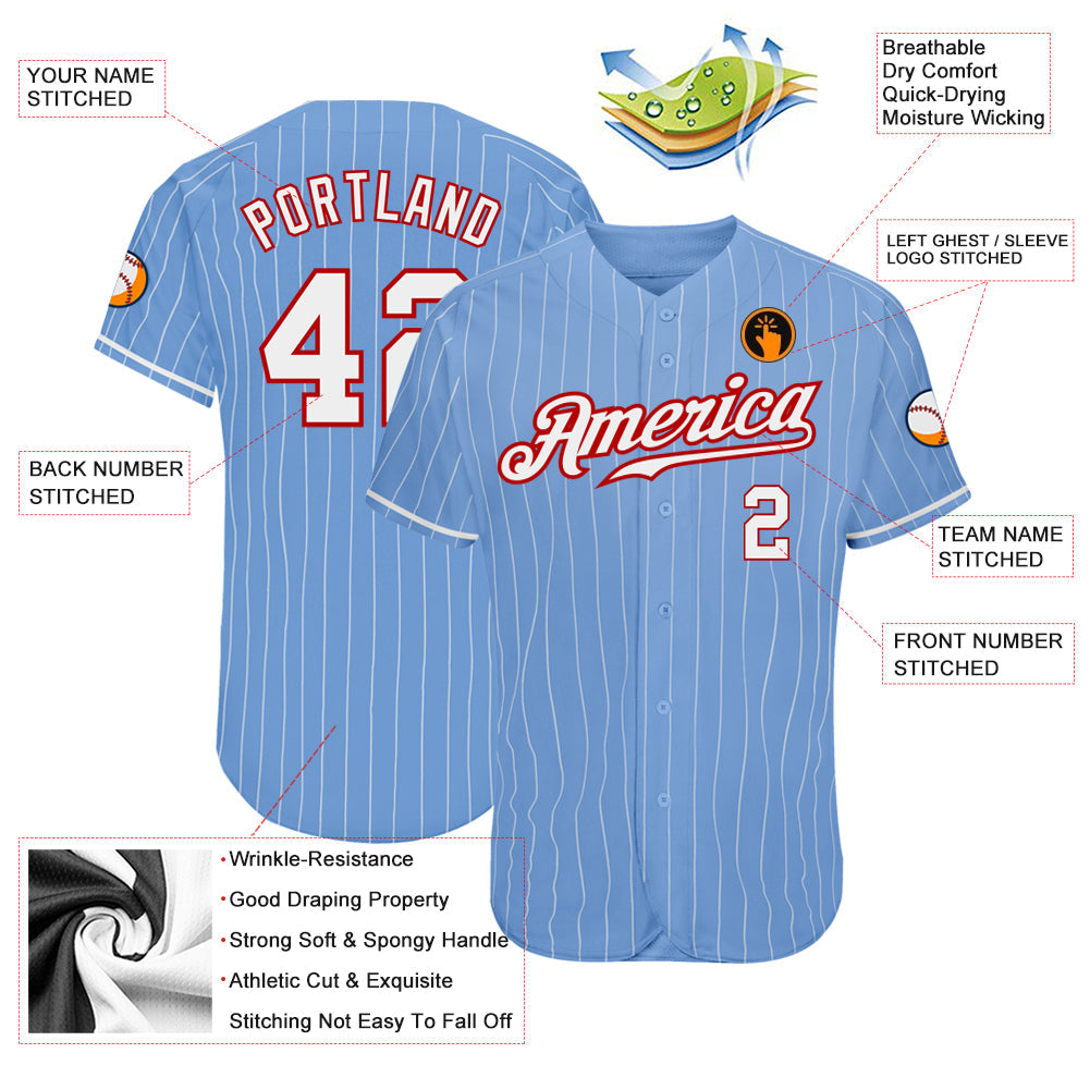 Custom Light Blue White Pinstripe White-Red Authentic Baseball Jersey view 3