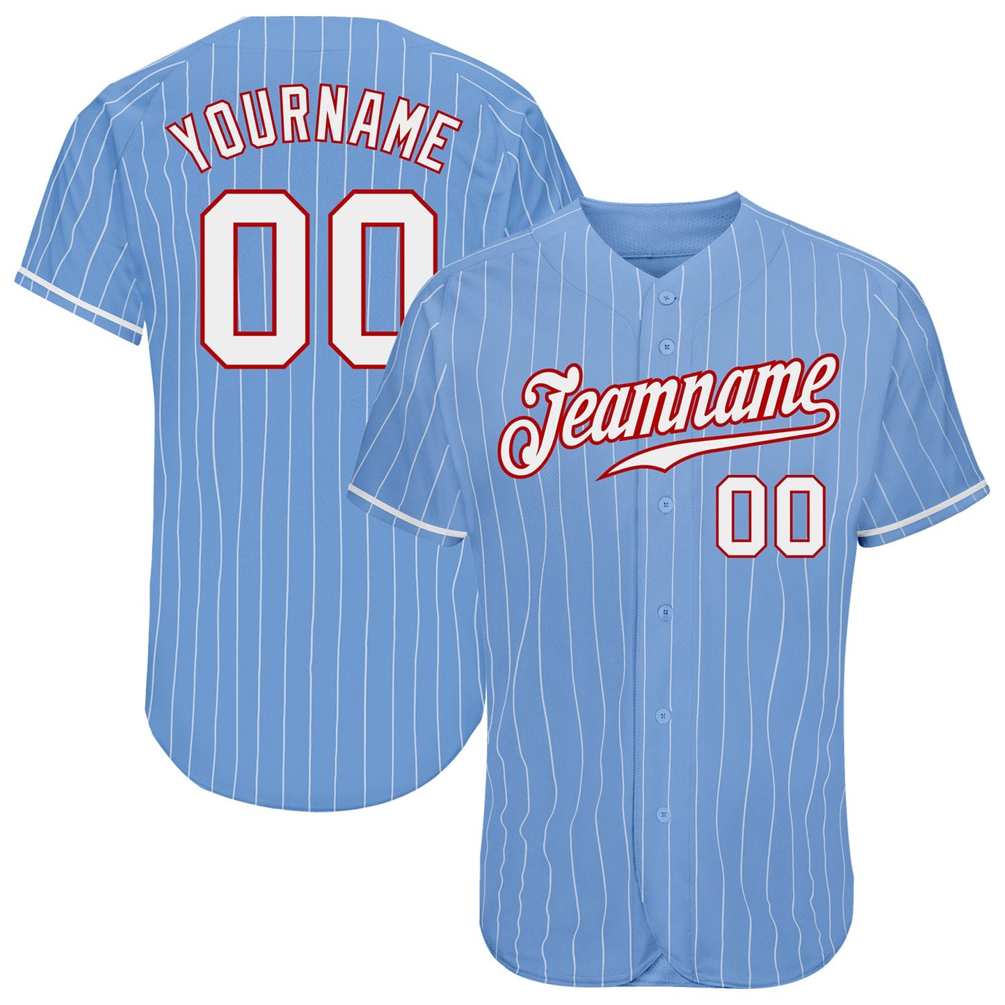 Custom Light Blue White Pinstripe White-Red Authentic Baseball Jersey - Main View