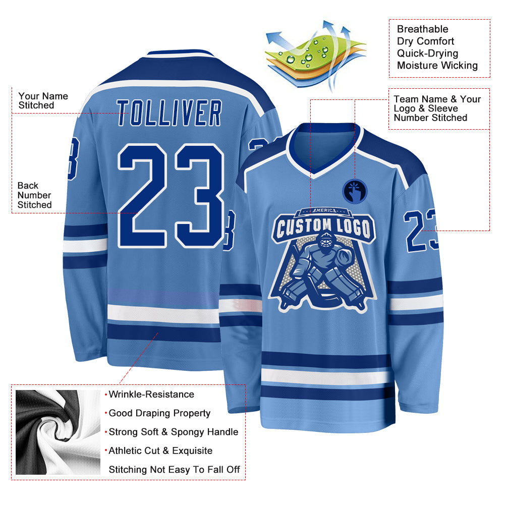 Custom Light Blue Royal-White Hockey Jersey view 3