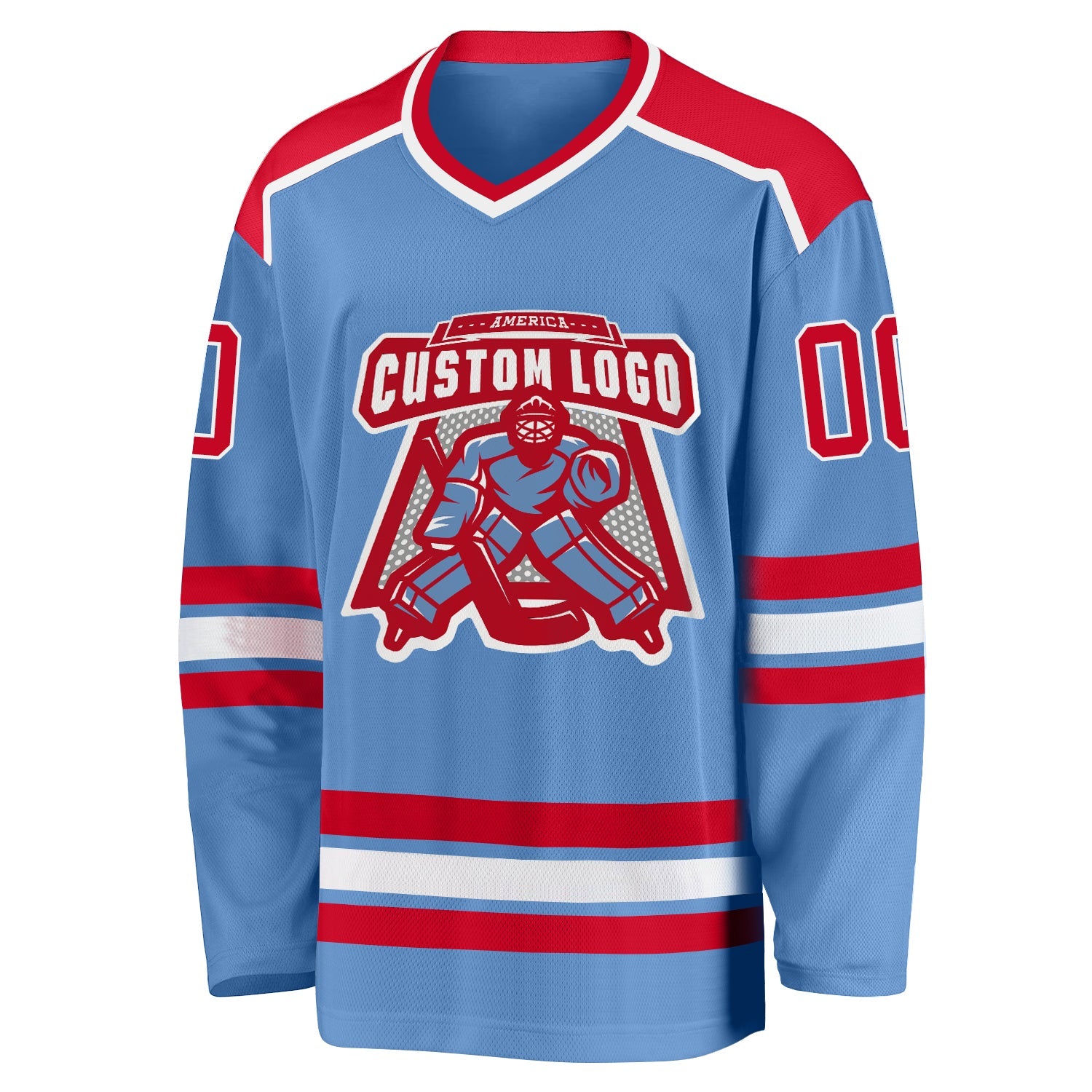 Custom Light Blue Red-White Hockey Jersey view 2