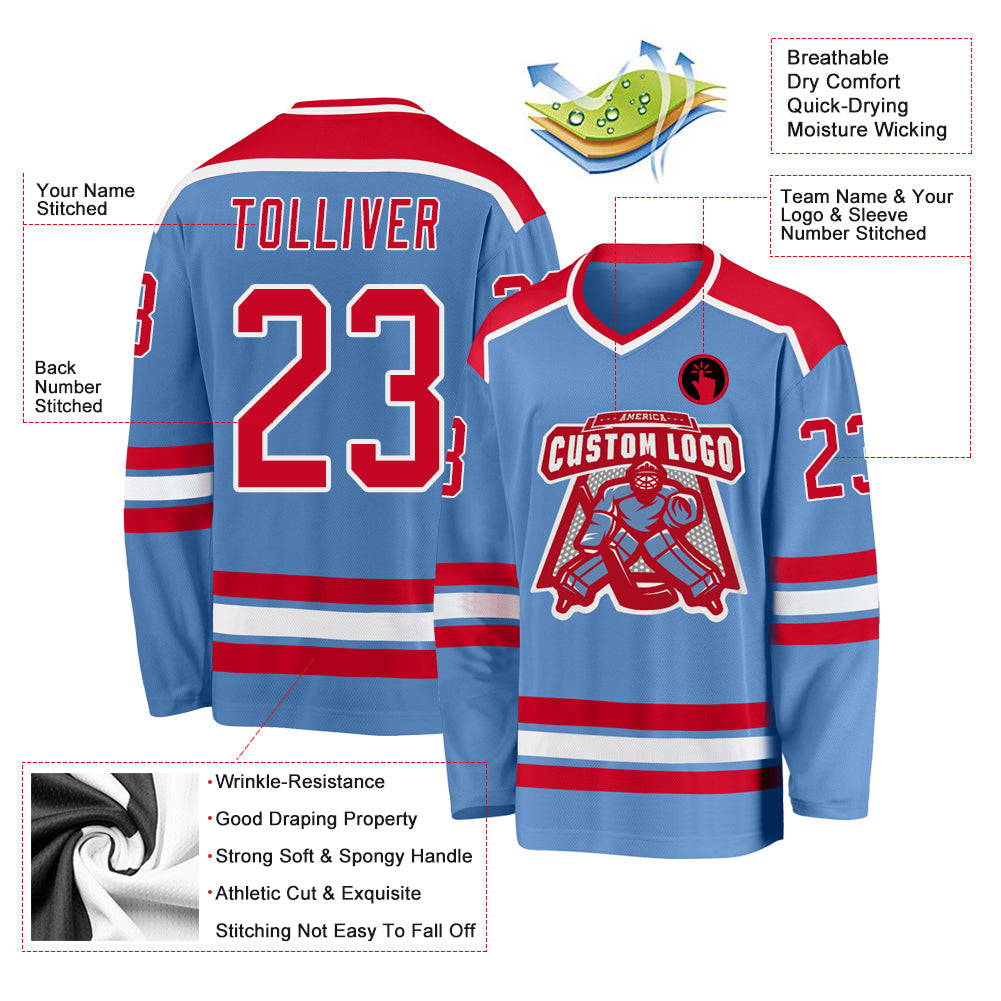 Custom Light Blue Red-White Hockey Jersey view 3