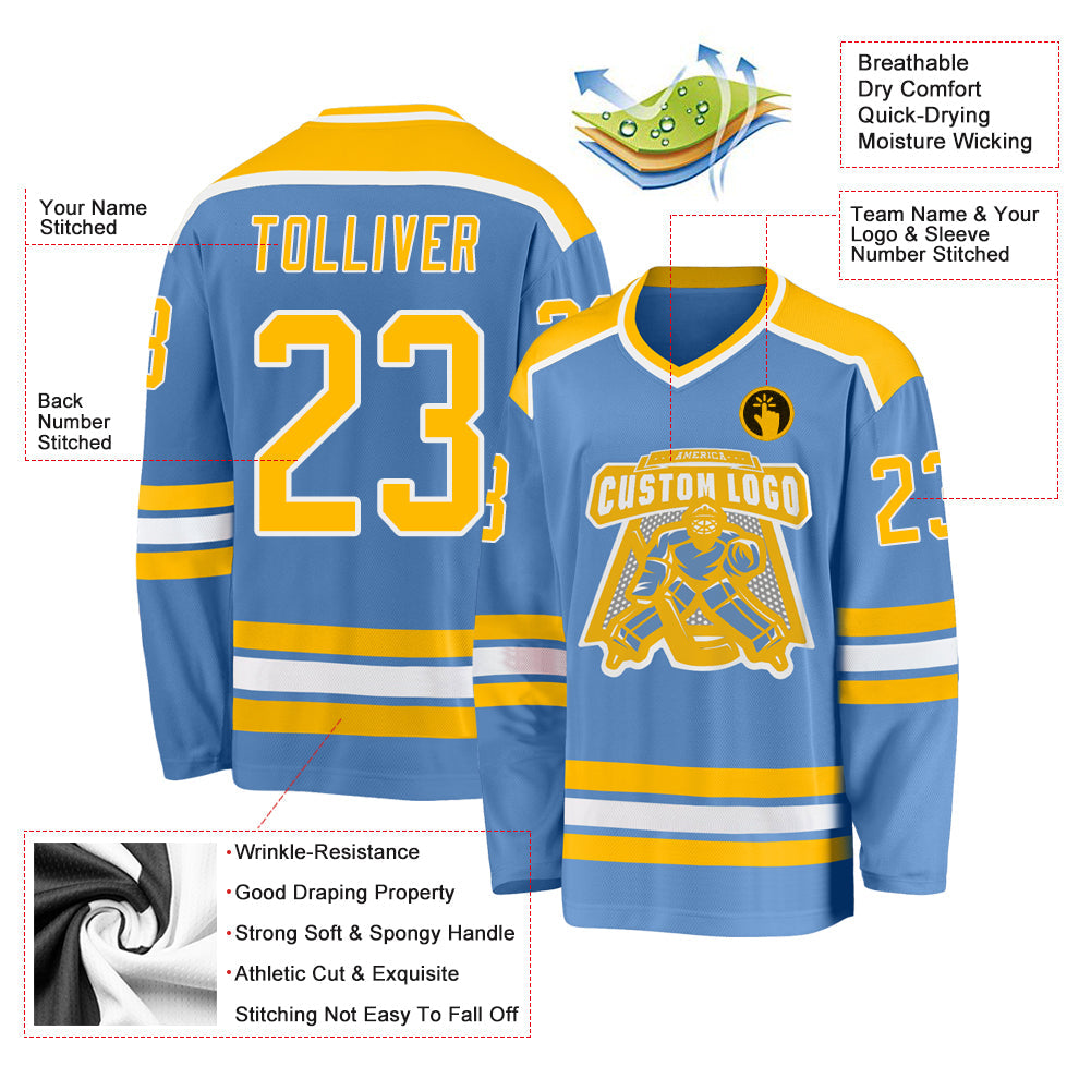 Custom Light Blue Gold-White Hockey Jersey view 3