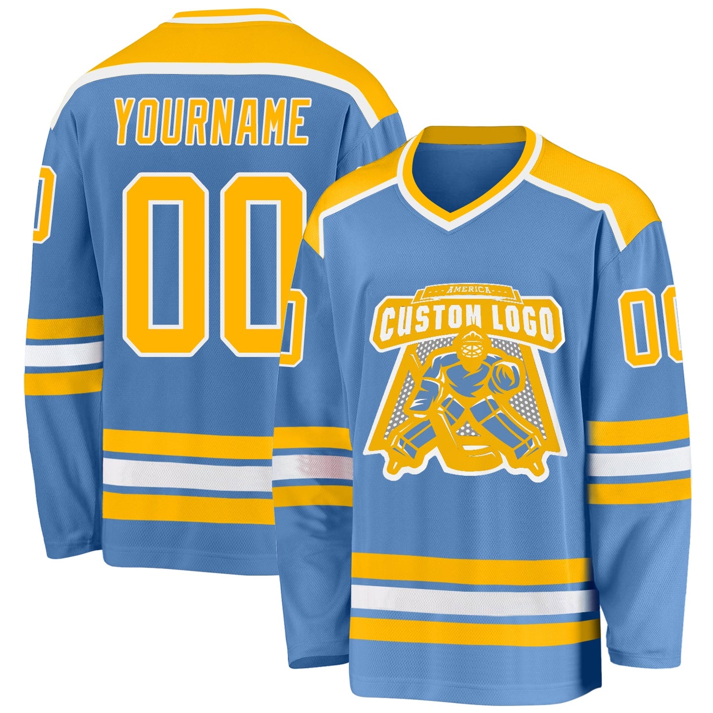 Custom Light Blue Gold-White Hockey Jersey - Main View
