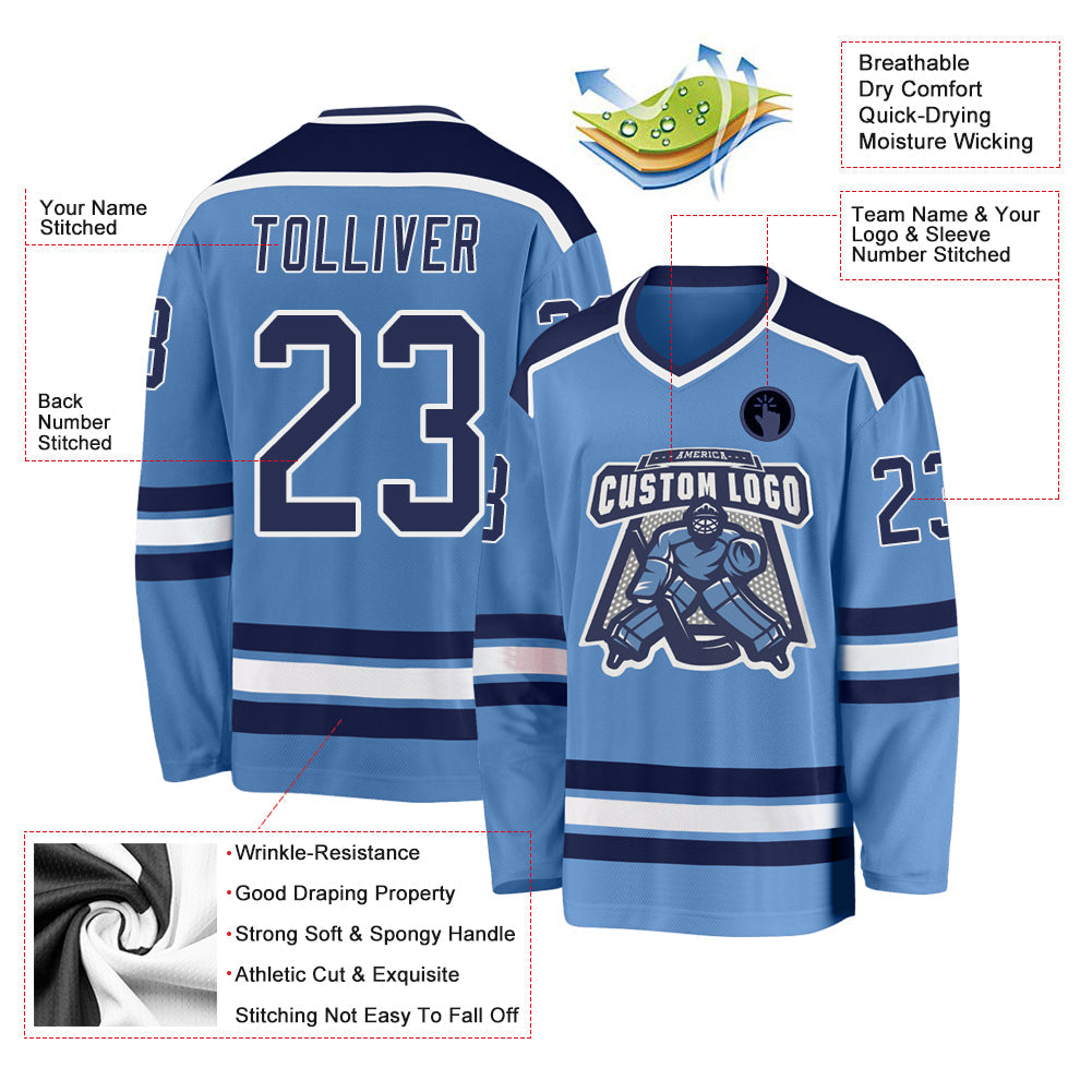 Custom Light Blue Navy-White Hockey Jersey view 3