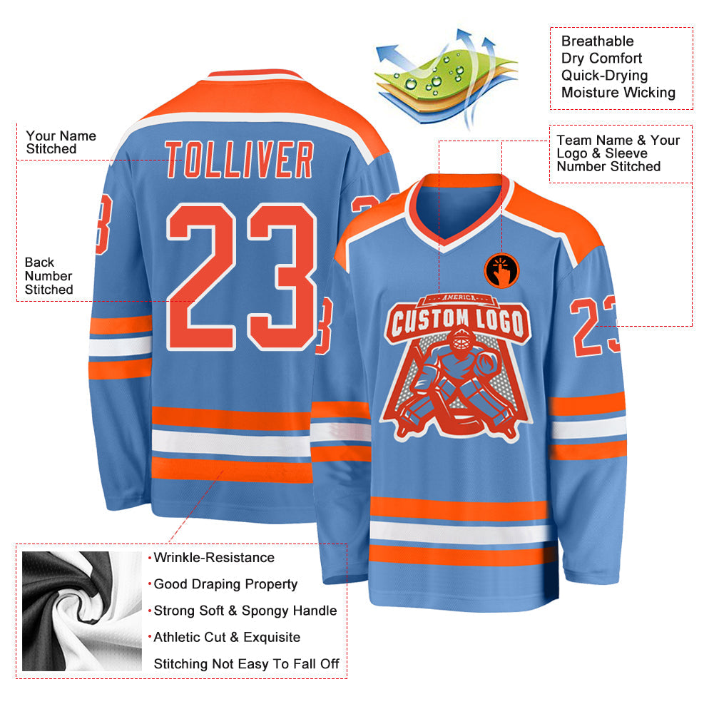 Custom Light Blue Orange-White Hockey Jersey view 3