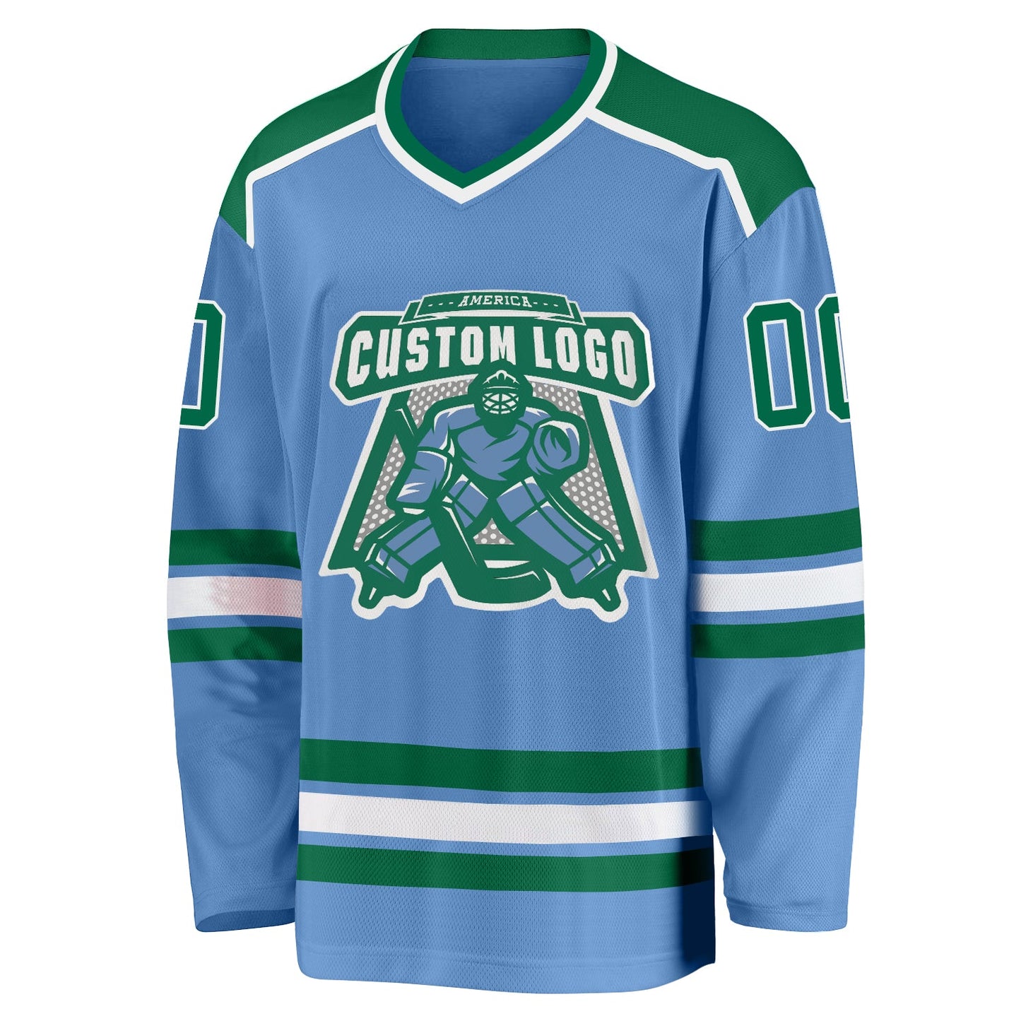 Custom Light Blue Kelly Green-White Hockey Jersey view 2