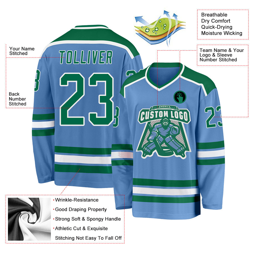 Custom Light Blue Kelly Green-White Hockey Jersey view 3