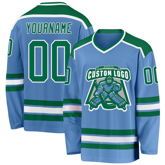 Custom Light Blue Kelly Green-White Hockey Jersey - Main View