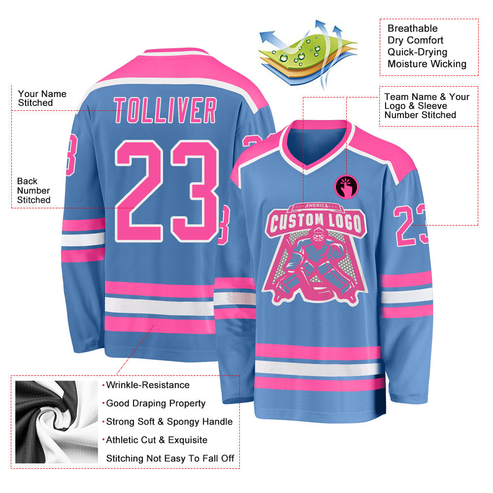 Custom Light Blue Pink-White Hockey Jersey view 3