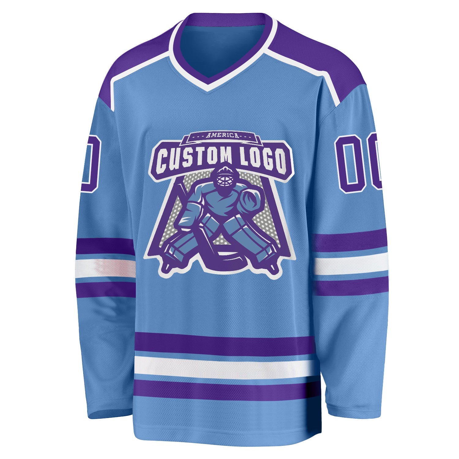 Custom Light Blue Purple-White Hockey Jersey view 2
