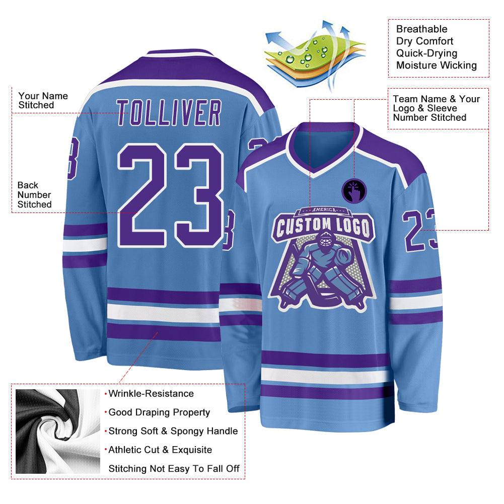 Custom Light Blue Purple-White Hockey Jersey view 3
